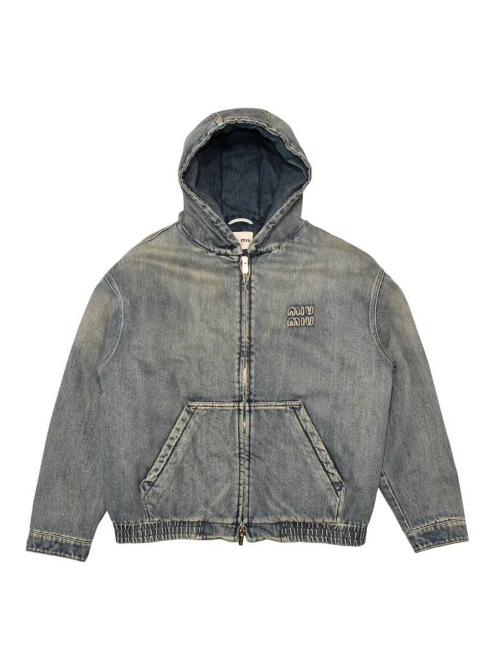 Miu Miu Bomber Hooded Jacket Denim Blue Logo Patch